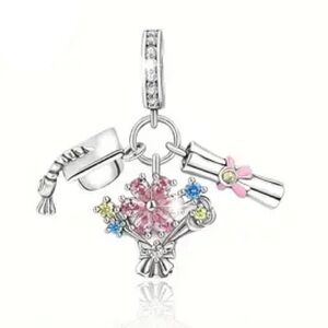 S925 Graduation Cap Diploma Flower Bouquet Charm - Pandora Style
